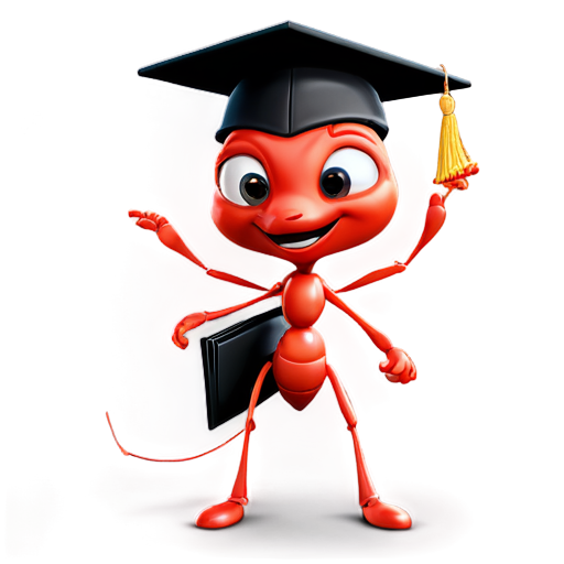 A cute 3d red ant wearing a black graduation cap stands on two legs - icon | sticker