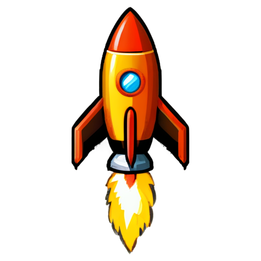 a small !red space rocket with orange wings and one large round porthole in it 8 bit style - icon | sticker