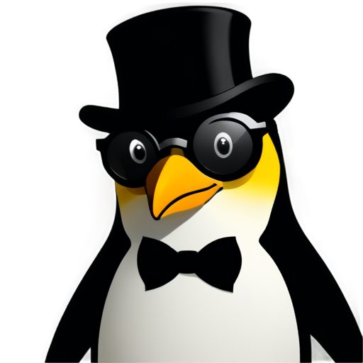 An adult daring penguin psychologist, male, in round glasses, in black and white colors with elements of yellow on the abdomen, in a top hat, in the style of vector graphics - icon | sticker