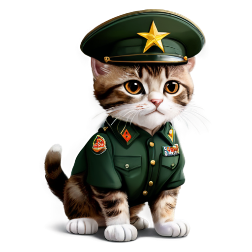 Angry kitten with brown eyes hands on hips in army generals uniform and hat with generals star cartoon - icon | sticker