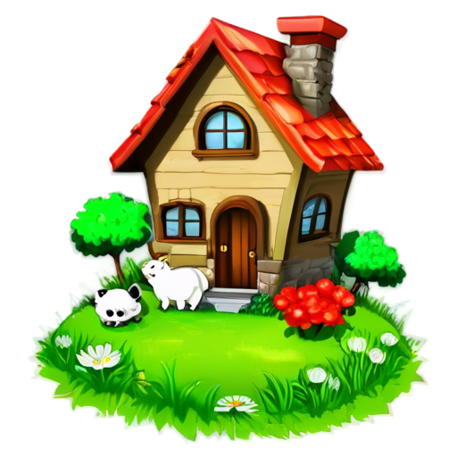 There is a house on the grass and there are animals around. - icon | sticker