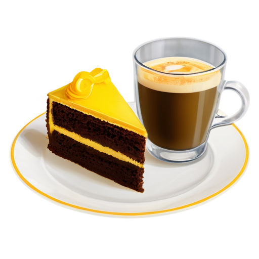 cake on a plate and coffee in a glass next to the plate in yellow-orange colors - icon | sticker