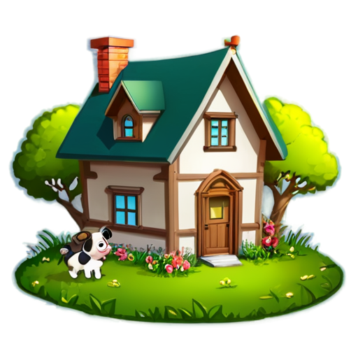 There is a house on the grass and there are animals around. - icon | sticker