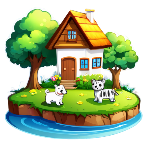 There is a house on the grass and there are animals around. - icon | sticker