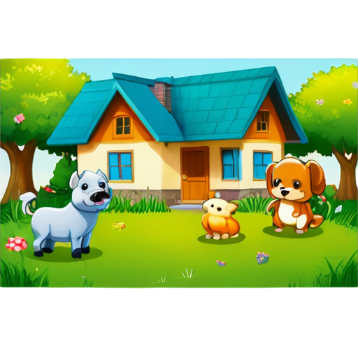 There is a house on the grass and there are animals around. - icon | sticker