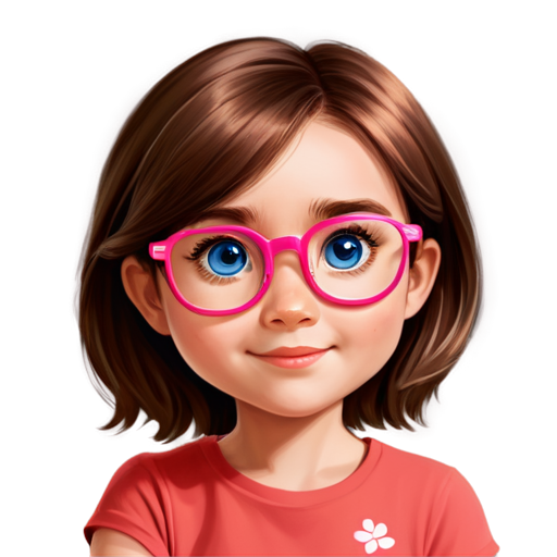 Draw a six-year-old girl with sparkling blue eyes and pink glasses, brown hair below the shoulders, in the Pixar style. Be sure to capture the essence of sweetness and expressiveness typical of Pixar animations, with charming details and a positive vibe - icon | sticker