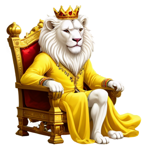 A white lion with a crown on his head and the body of a man sits on a golden throne and is dressed in yellow silk clothes - icon | sticker