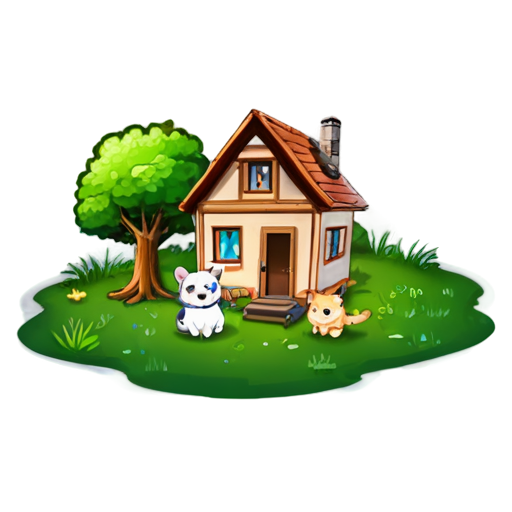 There is a house on the grass and there are animals around. - icon | sticker