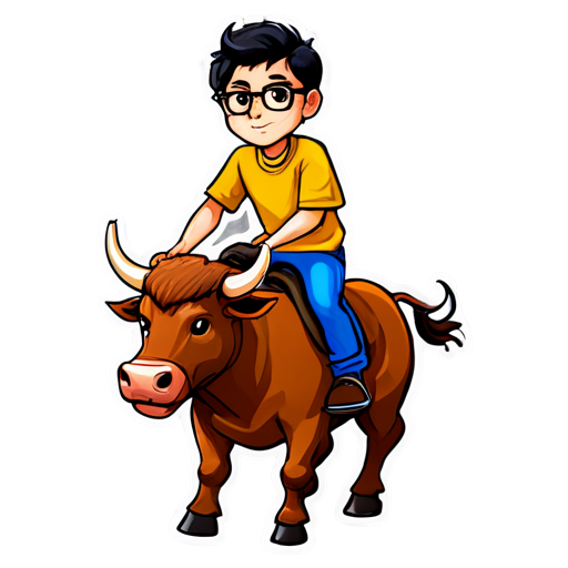 A man with brown eyes and glasses rides a copper bull - icon | sticker