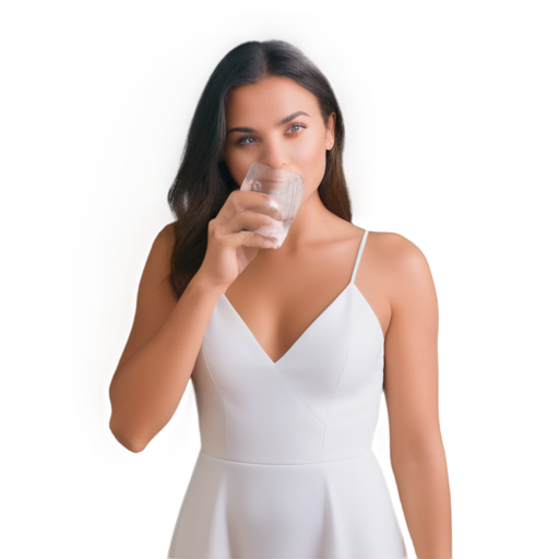 beautiful european woman in expensive dress drinks water from glass - waist-up photo - icon | sticker