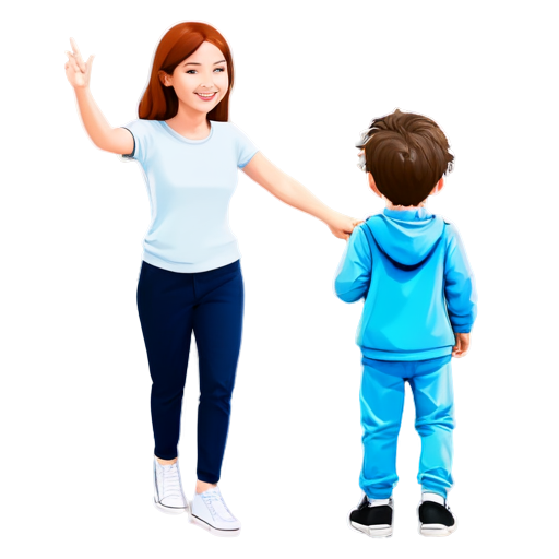 Create a cartoon image, in the style of a children's book illustration, in which two Adults who is the child's parents and a child in a blue jumpsuit.The child should be depicted from behind, showing a playful and innocent look. - icon | sticker