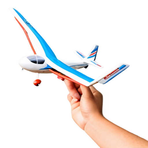 Simple, minimalist style, white background, tri-color, stable perspective logo for children's hobby club on aviation modeling, remote control in hands, close-up glider - icon | sticker