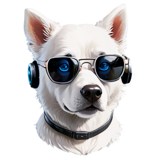 AI robot white dog head with tech-inspired glasses, cute, cartoon,cool，Cyberpunk，robotic - icon | sticker