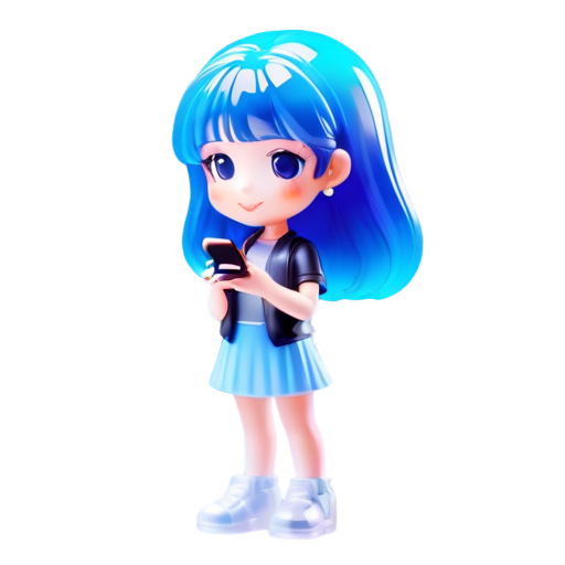 cute girl with blue hair stand and smile while show us her phone - icon | sticker