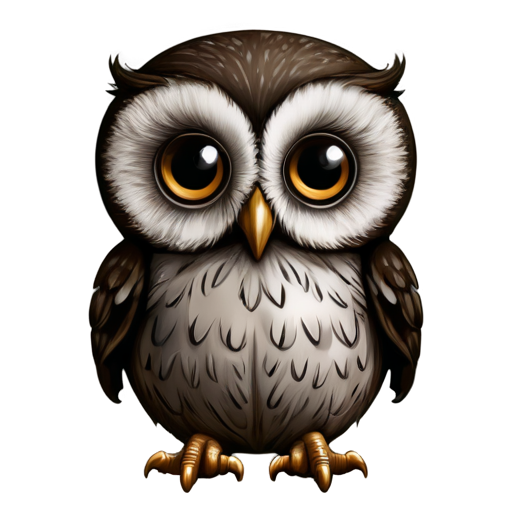 A small owl with large round eyes, a small beak, and tiny wings. Use soft, earthy tones like light browns and grays. - icon | sticker