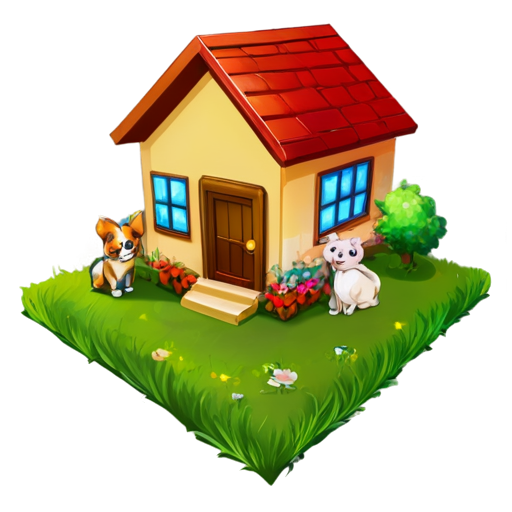 There is a house on the grass and there are animals around. - icon | sticker