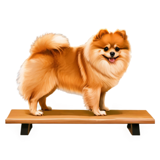 beautiful pomeranian dog on fitness plank from side, golden pomeranian spitz, no humans, no lineart, dark plank, simple background - icon | sticker