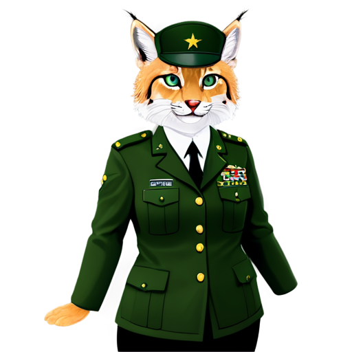 Cartoon female lynx in army uniform with hat and generals star - icon | sticker