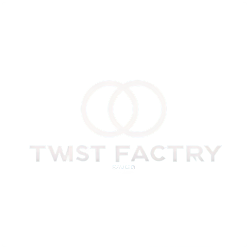 Minimalistic logo in the trendy expensive brand font "Twist Factory" with an abstract linear symmetric liquid geometric element representing expensive sculptures and collectible art objects - icon | sticker