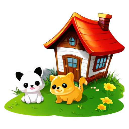 There is a house on the grass and there are animals around. - icon | sticker