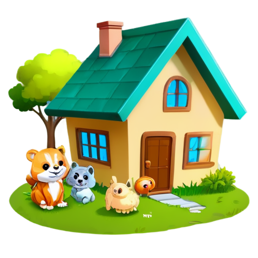 There is a house on the grass and there are animals around. - icon | sticker