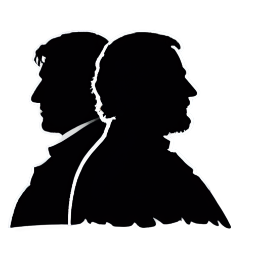 *Create an icon featuring a silhouette of three ! thinkers (Hegel, Feuerbach, Marx) with a question mark above, representing their theories on alienation.* - icon | sticker