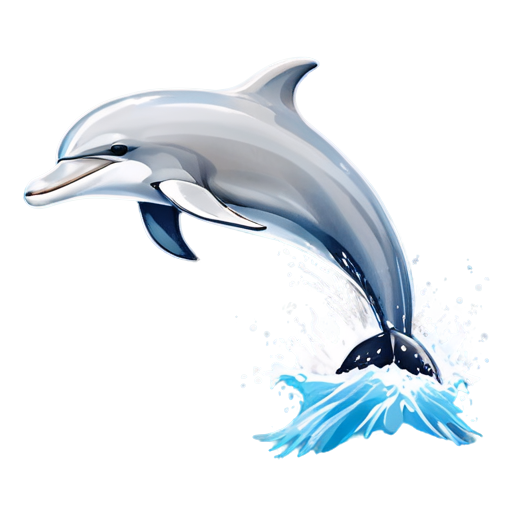 A dolphin jumping out of the water, with a wide, friendly smile and smooth, curved lines. Light blue with white water splashes. - icon | sticker