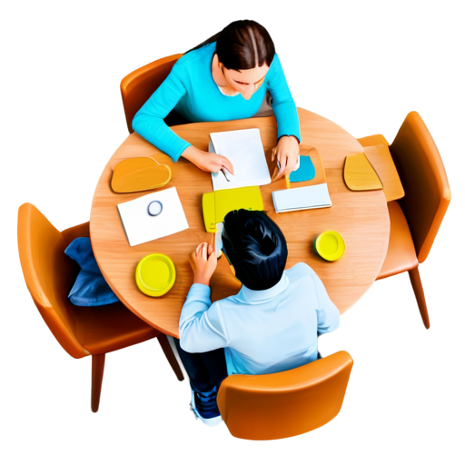 Round table, top view. Three men and two girls are sitting at a table and talking. A stylized image. - icon | sticker