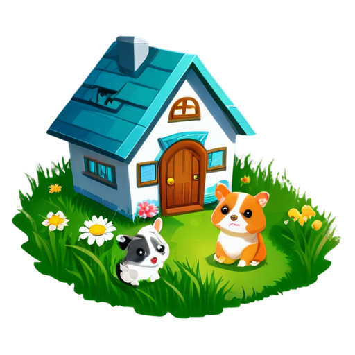 There is a house on the grass and there are animals around. - icon | sticker