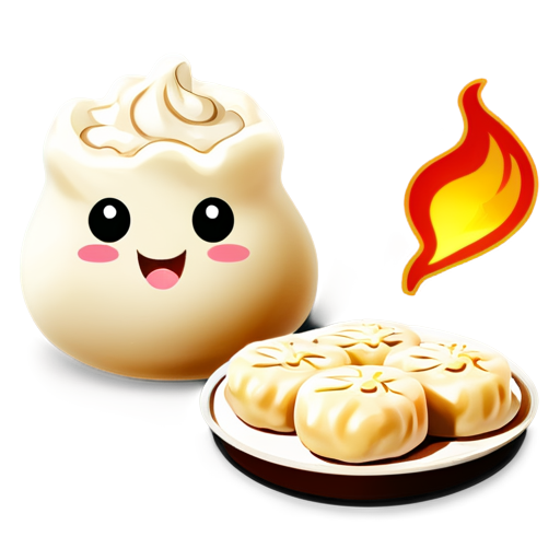 create a dimsum icon with emoticons and make it look like the dimsum is covered in fire and smoking - icon | sticker