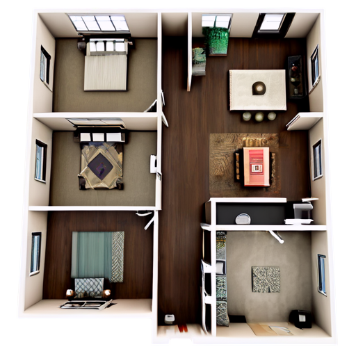 floor plan with various rooms, furnished, modern style, white doors and windows, curtains, pictures, rugs - icon | sticker