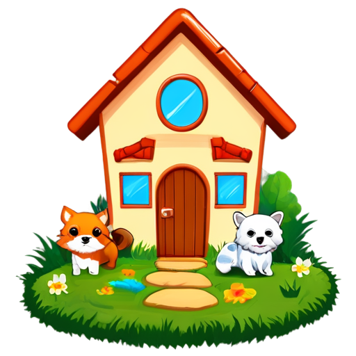 There is a house on the grass and there are animals around. - icon | sticker