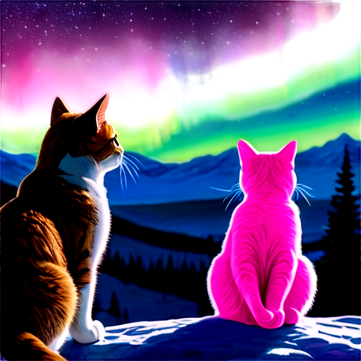 mountains, northern lights, pink, blue, cat looking at a beautiful view - icon | sticker