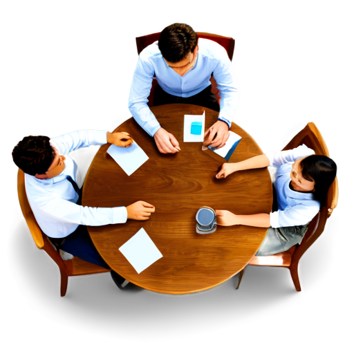 Round table, top view. Three men and two girls are sitting at a table and talking. A stylized image. - icon | sticker