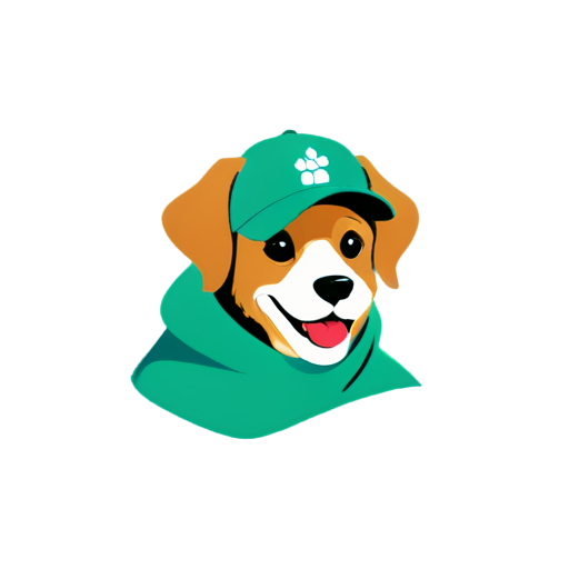 Happy blue and green dog with a cap with the inscription "————-" - icon | sticker