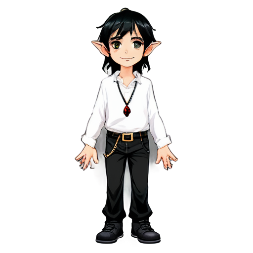 Art realism, Young male elf, long black hair, green eyes, ruby ​​drop earrings in his ears, in a white, loose shirt and black pants, chains on his neck, he smiles and holds out his hand - icon | sticker