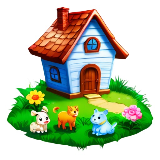 There is a house on the grass and there are animals around. - icon | sticker