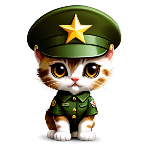 Mad girl kitten with brown eyes in army generals uniform and hat with generals star cartoon - icon | sticker