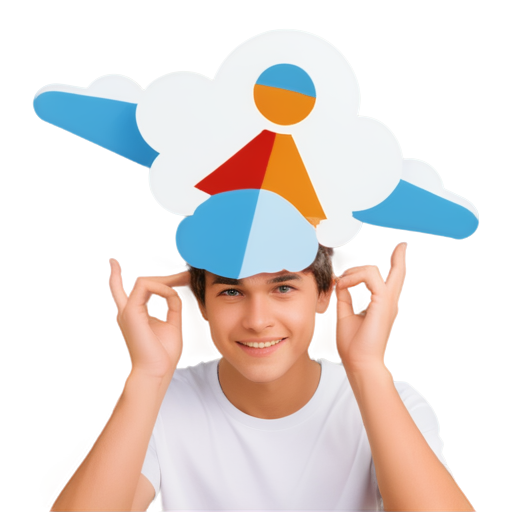 three-color large pentagonal logo, white background , Russian happy boy master inventor holding a large airplane in his hand above his head, taking off into the clouds - icon | sticker