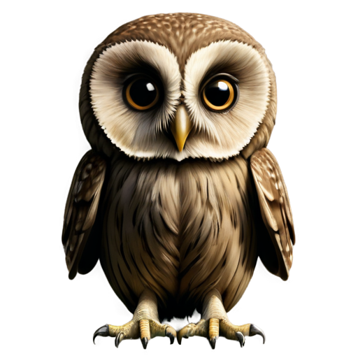 A small owl with large round eyes, a small beak, and tiny wings. Use soft, earthy tones like light browns and grays. - icon | sticker