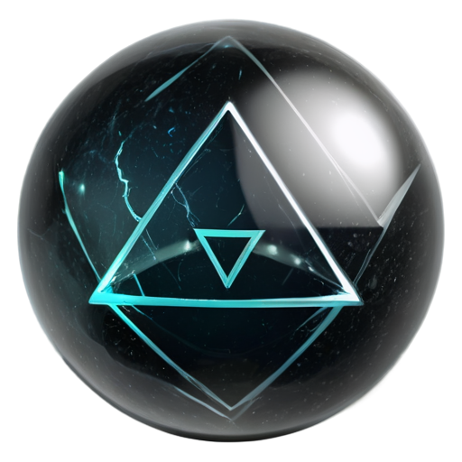 Transparent glass orb with a black angular stone inside, etched with triangular, rune-like symbols. The stone has sharp edges, faint glowing cracks, and emits a soft mystical light. The orb is clear, showcasing the stone's rough surface and dark, ancient aura. Neutral background with a magical glow. - icon | sticker