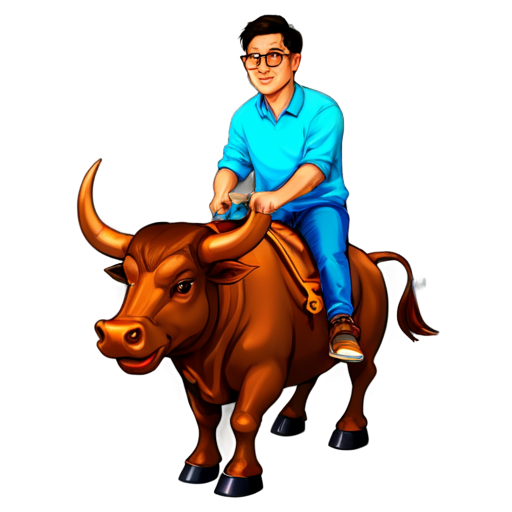 A man with brown eyes and glasses rides a copper bull - icon | sticker