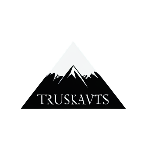 Minimalist black-and-white logo for 'Truskavets Marketing,' featuring a sharp silhouette of a mountain with triangular peaks, modern geometric design, clean bold sans-serif font for the text below the mountain, no additional elements like trees or lines, highly professional and scalable design, simple and elegant - icon | sticker