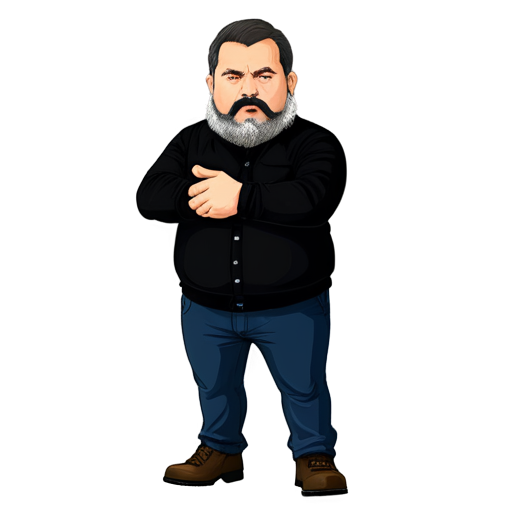 fat bearded man with BLACK darkhair and gray almost white beard and moustache, dressed in black tactic wear, with nothing in his hands, and wearing black boots, big open eyes and angry exression - icon | sticker