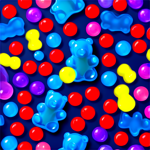 game with candies and gummy bears. Candies in red, blue, purple and yellow. Background in blue and pink. - icon | sticker