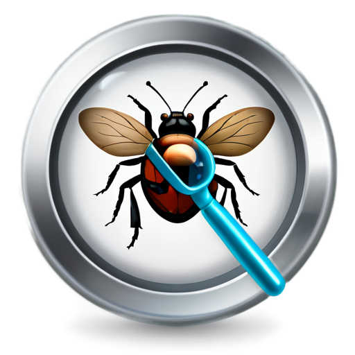 The icon should have a clean, modern style, without cartoonish elements. Include: QA icon with a magnifying glass and bug - icon | sticker