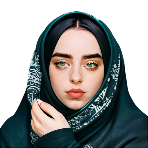 Create a digital illustration of Billie Eilish wearing a hijab, maintaining her signature style and aesthetic. The hijab should complement her unique fashion sense, possibly featuring bold patterns or colors. The focus should be on her expressive eyes and overall aura, capturing her individuality and artistic spirit. - icon | sticker