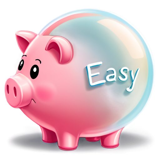 A piggy bank popped up with a bubble containing the English word 'easy' - icon | sticker