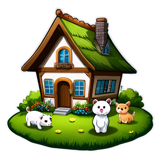 There is a house on the grass and there are animals around. - icon | sticker