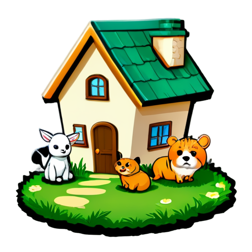 There is a house on the grass and there are animals around. - icon | sticker